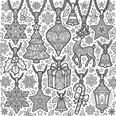 Embrace the festive spirit with this delightful coloring page showcasing an array of intricate Christmas pendants. From elegant snowflakes to charming reindeer, each design offers a unique canvas for your creative holiday cheer.