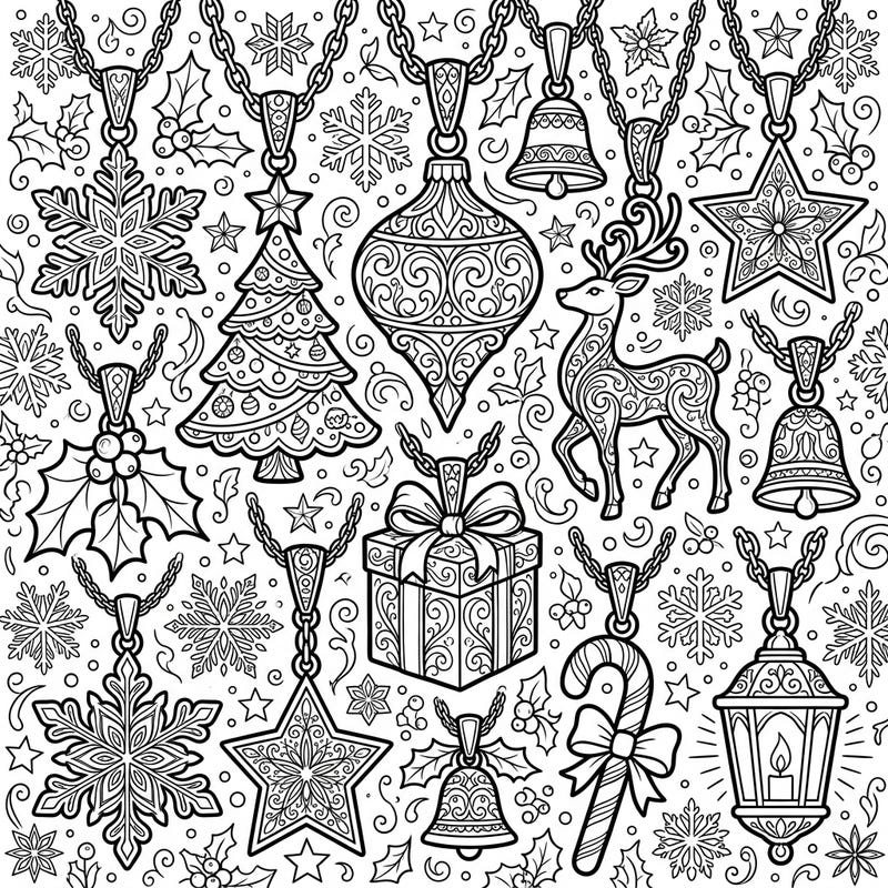 Embrace the festive spirit with this delightful coloring page showcasing an array of intricate Christmas pendants. From elegant snowflakes to charming reindeer, each design offers a unique canvas for your creative holiday cheer.