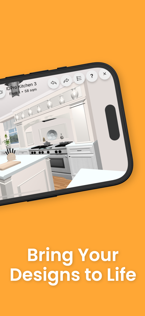 Interior Design PRO - Conception de cuisine 3D sur écran de smartphone avec le texte « Donnez vie à vos créations ».