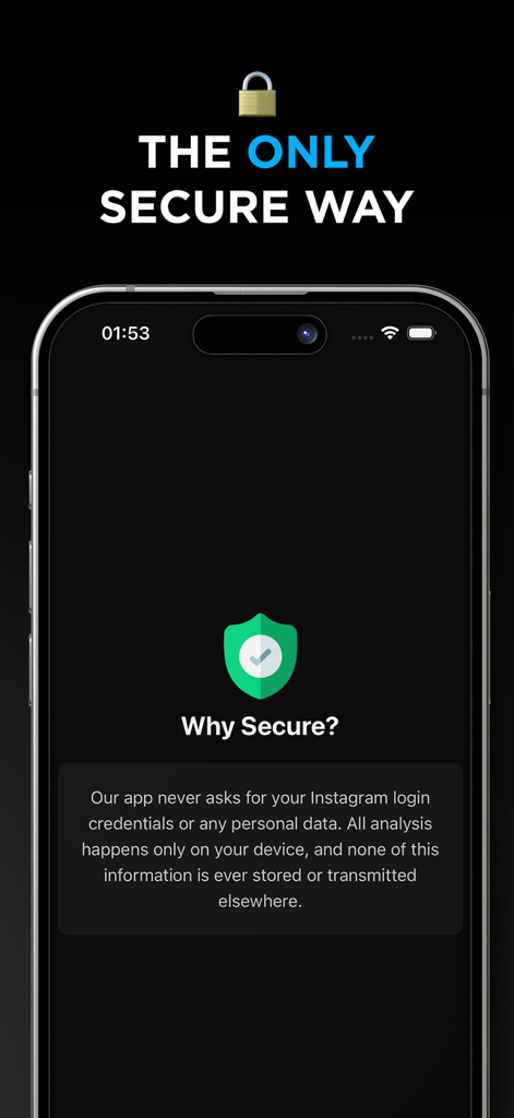 Unfollowers –No Login Required - A graphic explaining the security features of the Unfollowers app which does not require Instagram login credentials