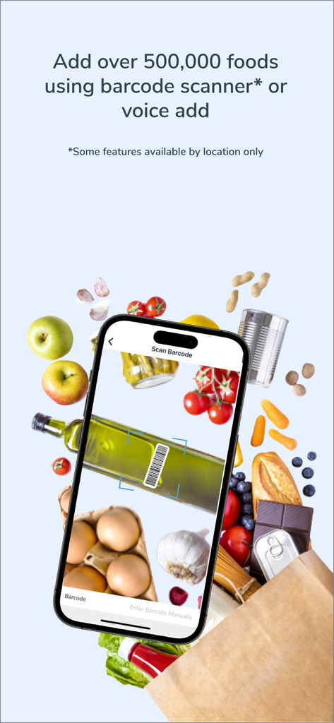 A smartphone using the Glooko app barcode scanner to track nutritional data from fresh groceries.