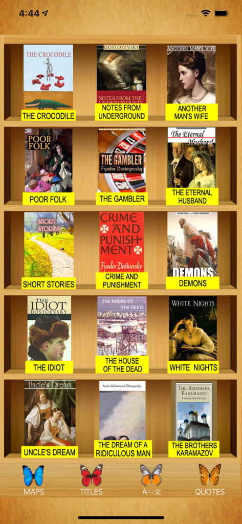Dostoyevsky - Digital bookshelf displaying various literary works by Fyodor Dostoyevsky.
