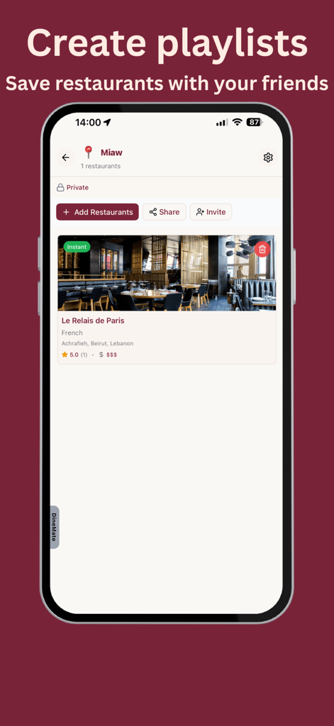 Plate app interface showing how to create and share restaurant playlists with friends