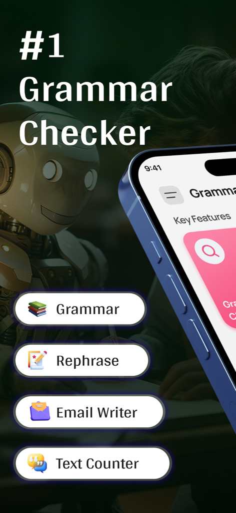 Interfaz de la aplicación Corrector de Gramática mostrando funciones clave como Reformulación Gramatical y Escritor de Correos Electrónicos