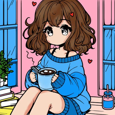 cute anime girl reading book and drinking hot chocolate from mug with loose wavy hair wearing a baggy sweatshirt and shorts sitting by windowsill looking out