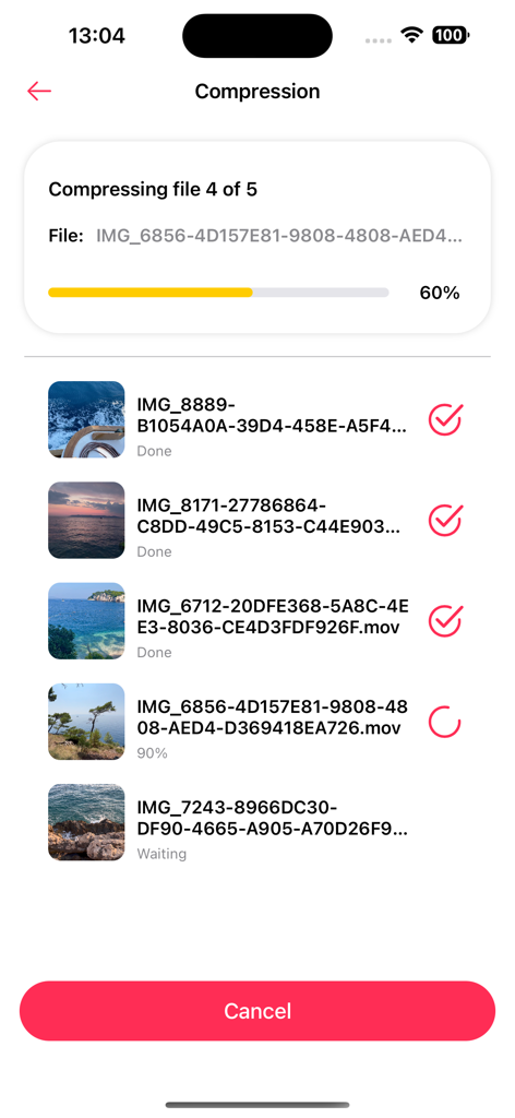 A screenshot of the Video Compressor app showing a batch of videos being processed with a progress indicator