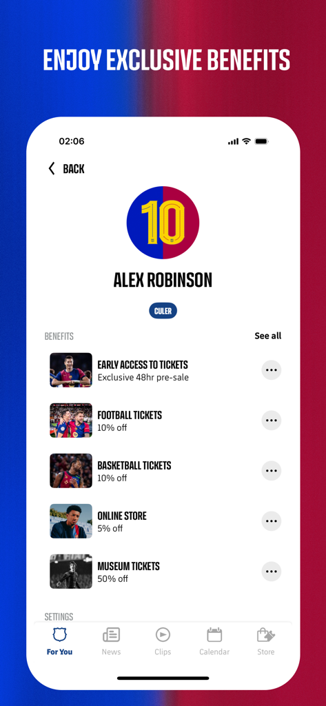 FC Barcelona official app user profile screen showing exclusive member benefits and ticket discounts