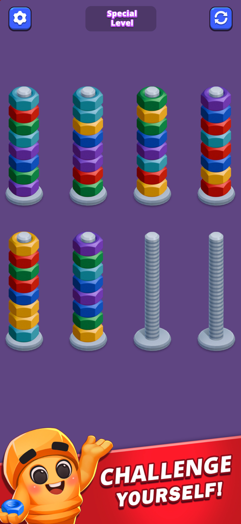 Logic puzzle gameplay showing colorful nuts being sorted onto metal bolts.
