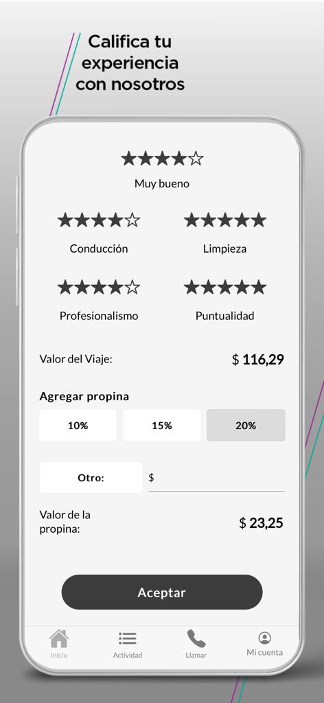 Arlo - Tela do aplicativo Arlo para avaliar o serviço de motorista profissional e selecionar valores de gorjeta em espanhol