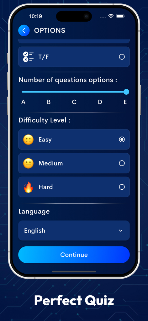 Questions Generator - AI Quiz - Interface showing customization options for an AI generated quiz including difficulty levels and question types.