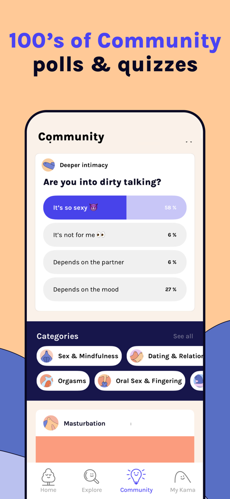 Kama: Intimacy & Connection - Interface of the Kama app showing the community section with polls and intimacy wellness categories