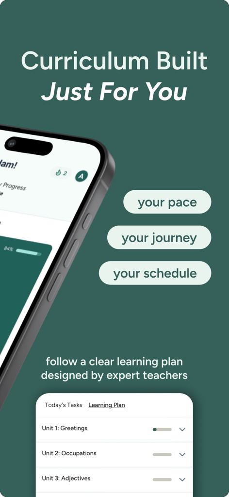 Takallam AI - Screenshot of Takallam AI app displaying personalized Arabic curriculum with learning units and daily tasks