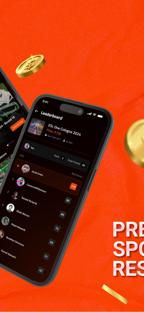 Superbets - Una pantalla móvil de la aplicación Superbets que muestra una tabla de clasificación para un concurso de predicción deportiva con clasificaciones de usuarios y totales de puntos.