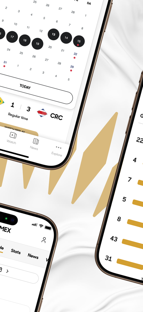Concacaf Official - Concacaf Official app interface showing soccer match scores calendar and stats