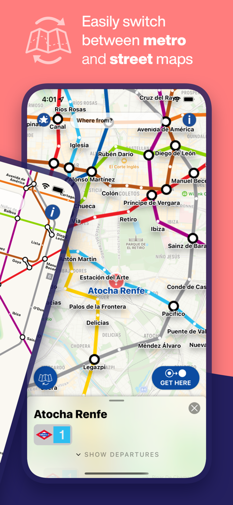 Interfaz que muestra el cambio entre el mapa de transporte del metro y las vistas del mapa de la calle en la app Madrid Metro.