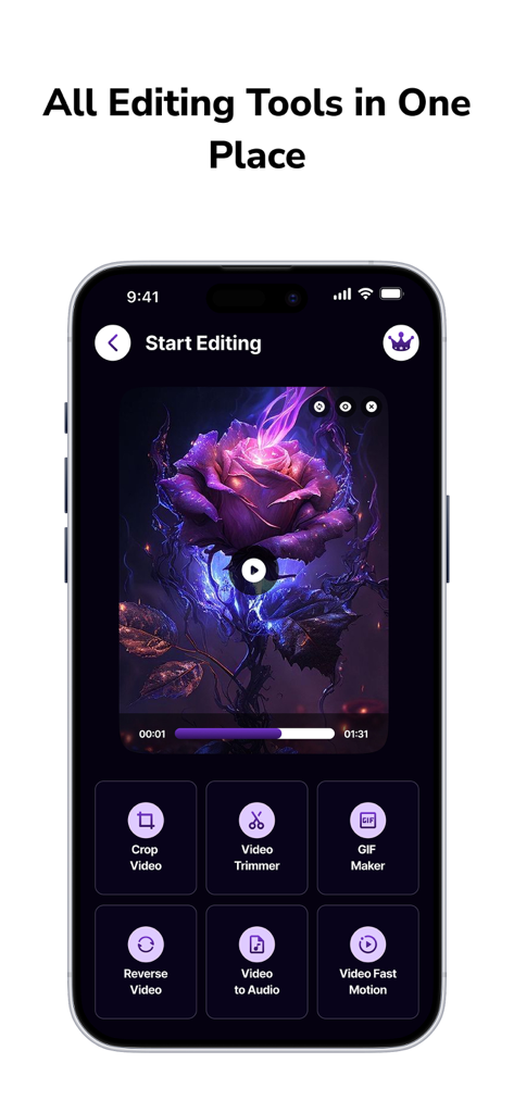 Interface do aplicativo Kapwing Video Editor mostrando várias ferramentas de edição de vídeo como cortar, aparar e criador de GIFs.