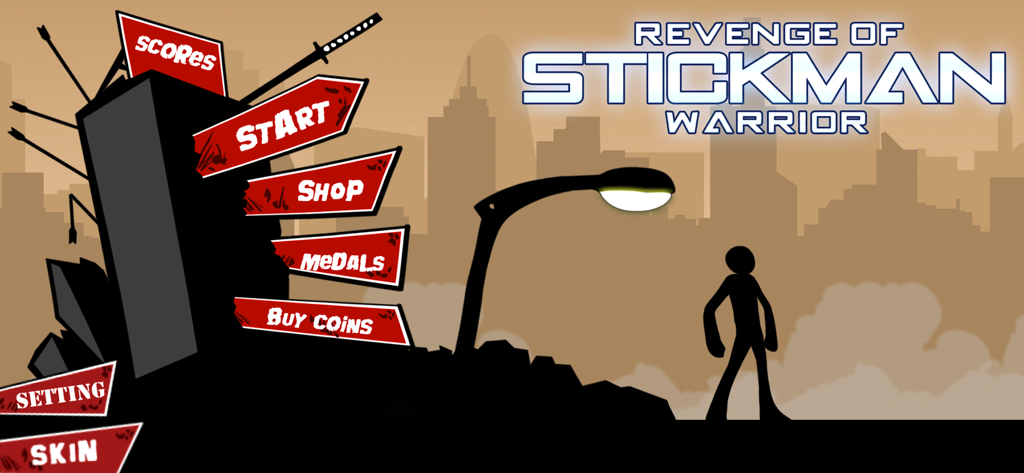 Stick Revenge: Shadow Fighting - Stick Revenge Shadow Fighting main menu with stickman warrior silhouette and game buttons