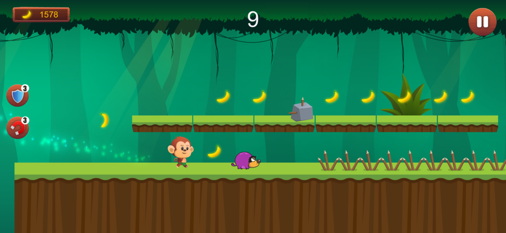 Monkey Run, Jump & Go Bananas! - A cartoon monkey character running on a platform in a tropical jungle collecting bananas and avoiding spikes.