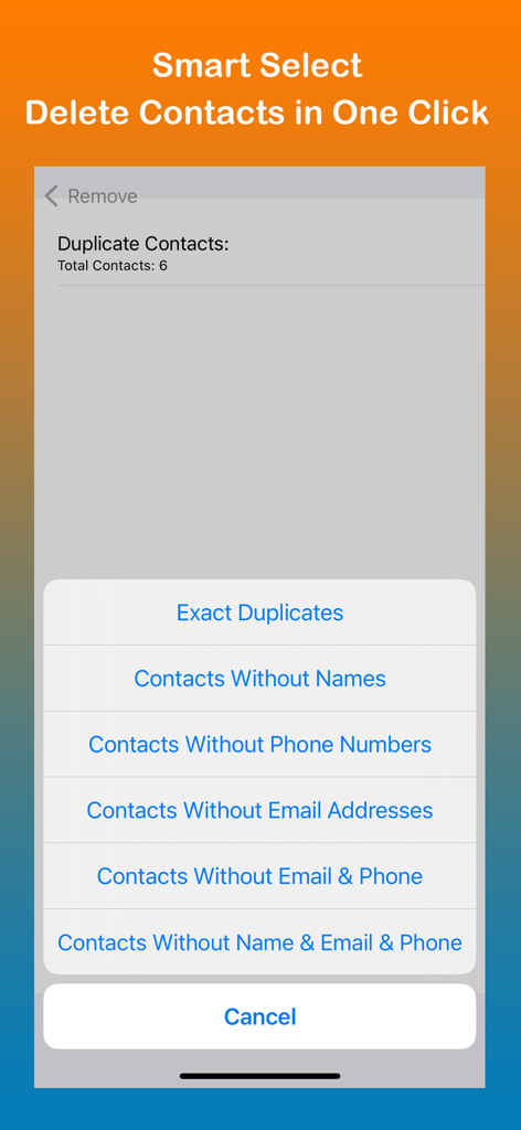 Remove Duplicate Contacts + - Interfaz de la aplicación Eliminar Duplicados de Contactos mostrando opciones para eliminar contactos sin nombres, números de teléfono o direcciones de correo electrónico