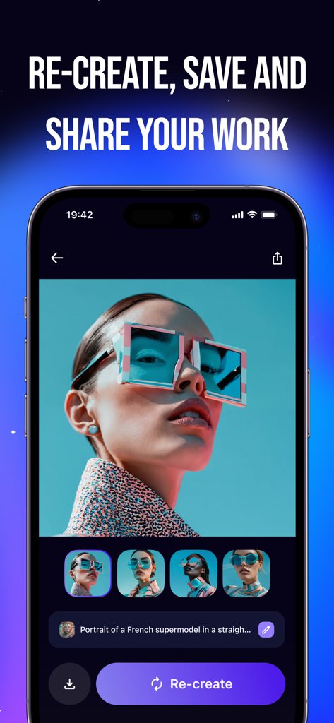 Imagine AI - Image generator - Pantalla de la aplicación móvil de Imagine AI que muestra un retrato de moda generado con un botón Recrear.