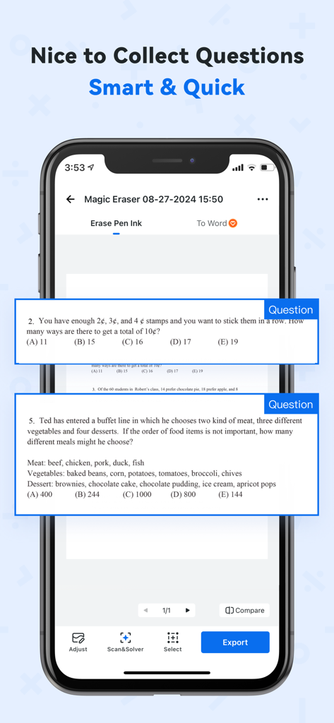 スマートフォンの画面。Quiz AIアプリがワークシートから数学の問題をスキャンして収集し、同時にインクを消去している様子が表示されている