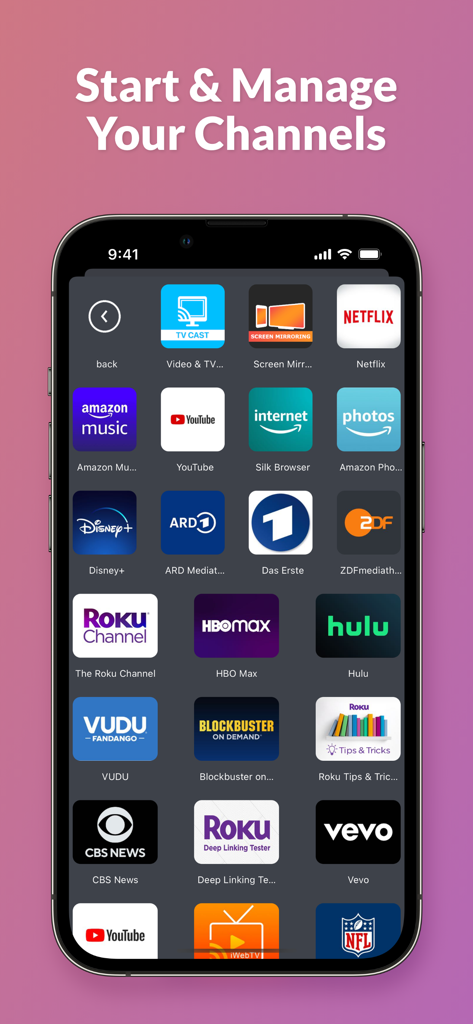 TV Remote ‣ - Interfaz de la aplicación Control Remoto TV mostrando una cuadrícula de canales de streaming populares para acceso rápido.