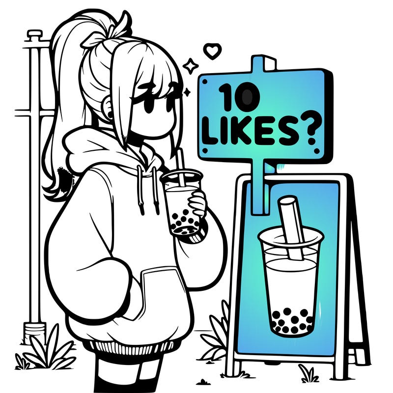 girl with oversized hoodie drinking boba and she has a high ponytail with a sign that says 10likes?