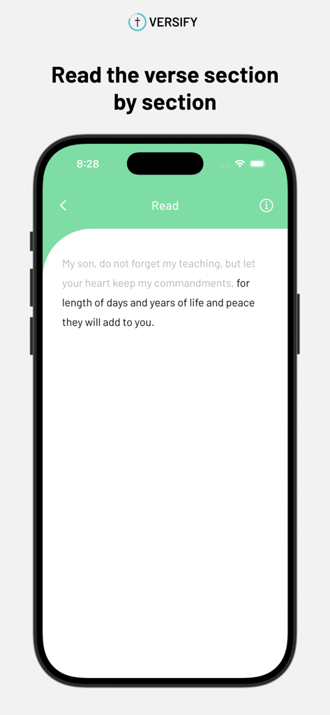 Versify app interface showing a Bible verse broken into sections for reading and memorization.
