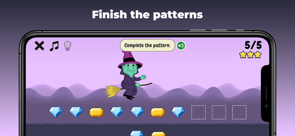King of Math Jr 2 - A pattern recognition exercise in the King of Math Jr 2 app showing a sequence of diamonds and a witch character