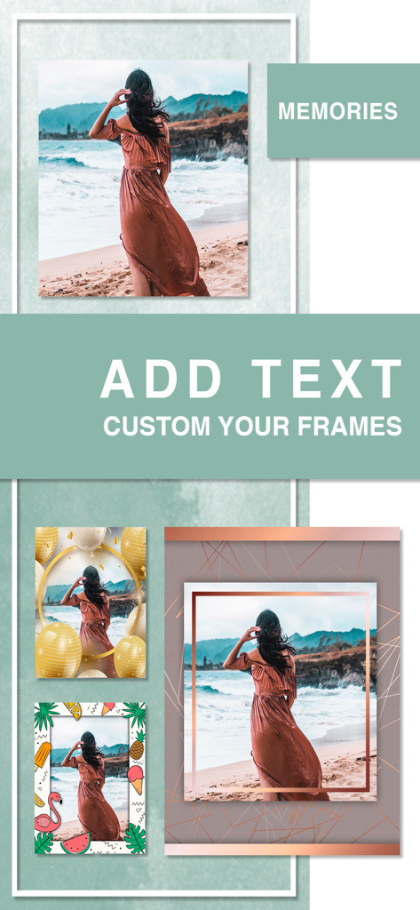 Multi photo frames editor app - Multi photo frames editor app interface showing custom frame templates and text editing tools