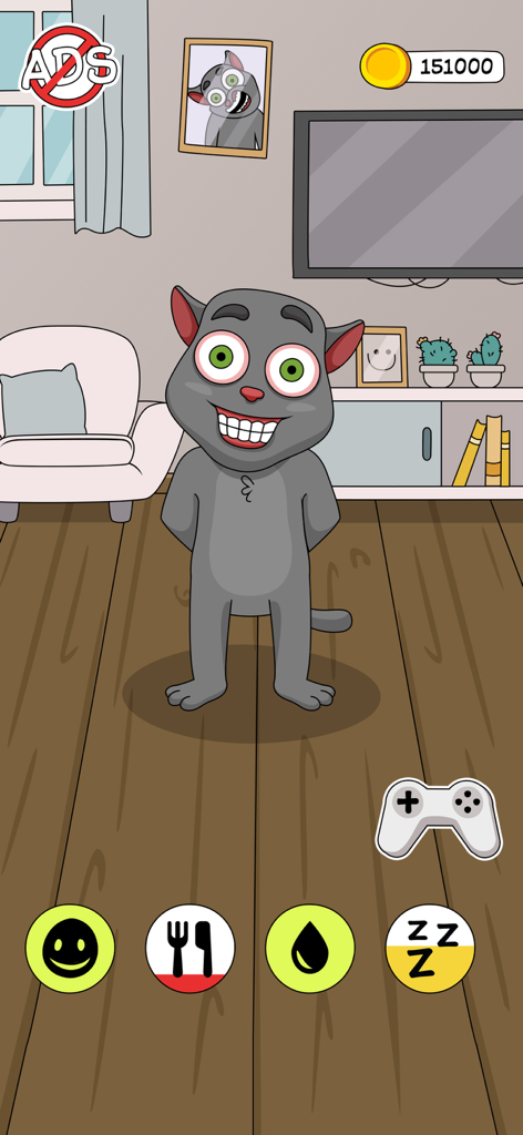 Talking Juan - Troll Juan - Talking Juan le chat debout dans un salon virtuel avec des commandes de jeu