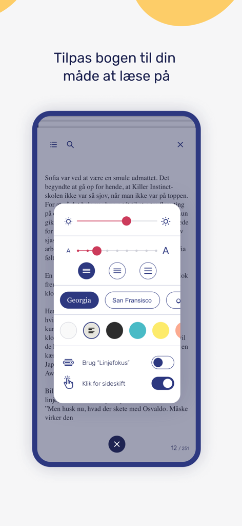 BookBites app interface showing text customization options including font size brightness and line focus settings