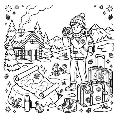 Embark on a creative journey with this charming coloring page, featuring a traveler capturing the beauty of a snow-kissed landscape. It's the perfect way to unwind and bring vibrant life to a serene winter vacation scene, complete with cozy cabins and majestic mountains.