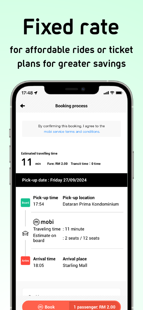 Mobi app booking process screen showing a fixed rate fare of RM 2.00 and trip details from Dataran Prima Kondominium to Starling Mall