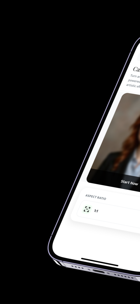 AI Cartoon Maker: Toon Studio - AI アニメメーカーアプリのインターフェイスに、アスペクト比の設定と「今すぐ開始」ボタンが表示されている