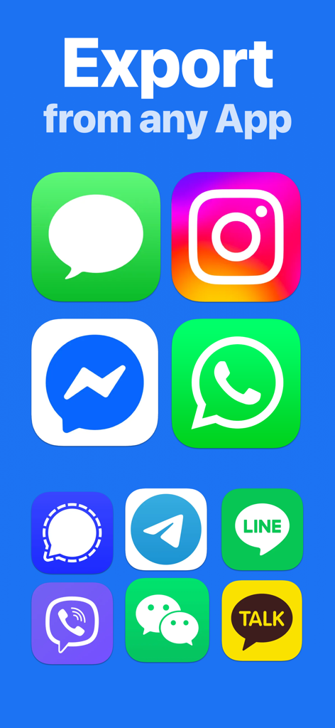 TextPort: Text Message Export - Interfaz que muestra iconos de aplicaciones de mensajería compatibles para exportar el historial de texto, incluyendo WhatsApp, iMessage e Instagram.