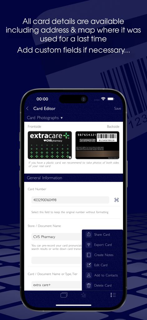 Oberfläche des Karten-Editors in der Store Cards App, die eine CVS-Treuekarte mit Vorder- und Rückseitenfotos und Anpassungsfeldern zeigt.
