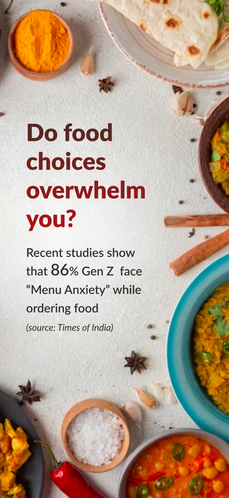CocoTree: AI food suggestions - Captura de pantalla de la app CocoTree destacando estadísticas de ansiedad por menú para la Generación Z con varios platos de comida