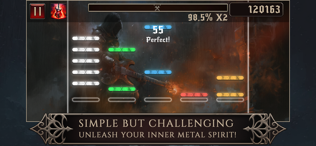 Gameplay de Rhythmetallic Hero of Guitar avec des notes colorées et un fond metal sombre