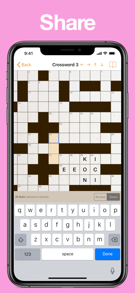 Accessible Crosswords - Cuadrícula de crucigrama accesible en un iPhone con una pista y un teclado.