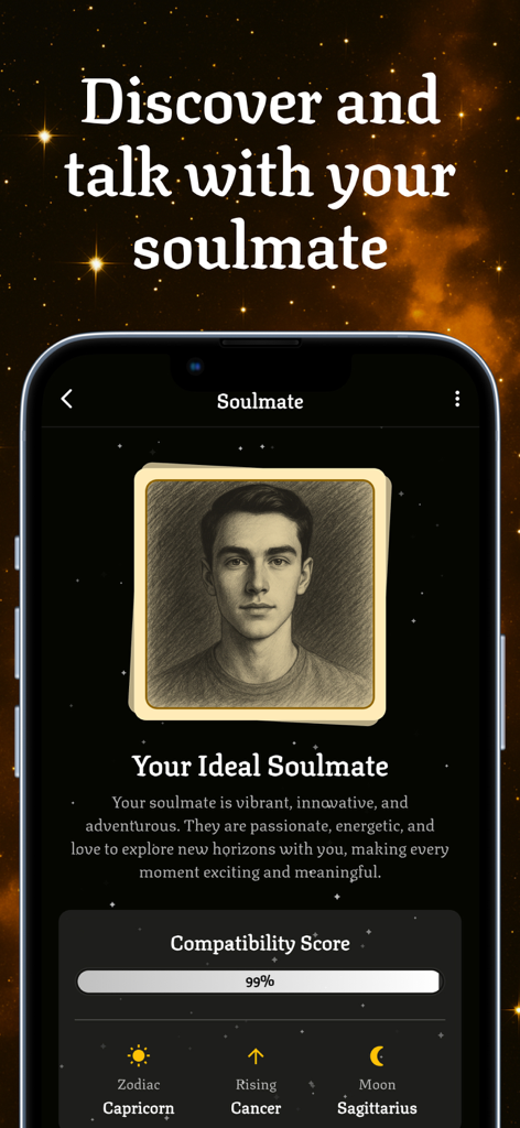Universe AI: Soulmate Drawing - A screenshot of Universe AI app showing a pencil sketch of a soulmate with a 99 percent compatibility score and astrology signs.