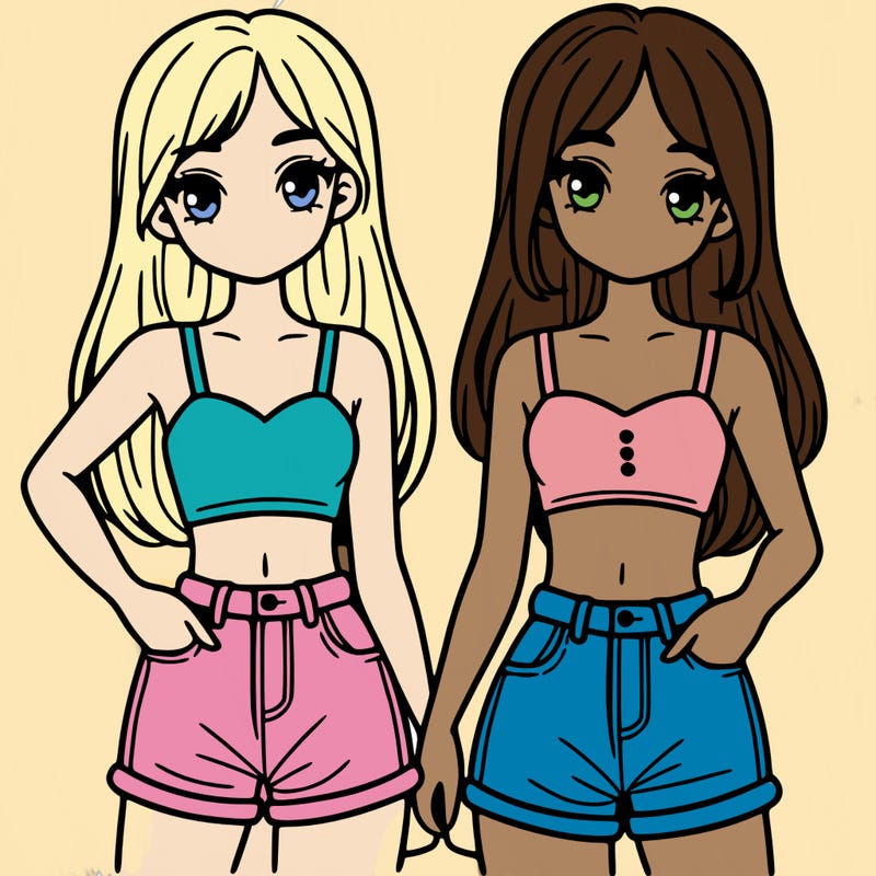 two sisters with crop tops and jean shorts and straight hair