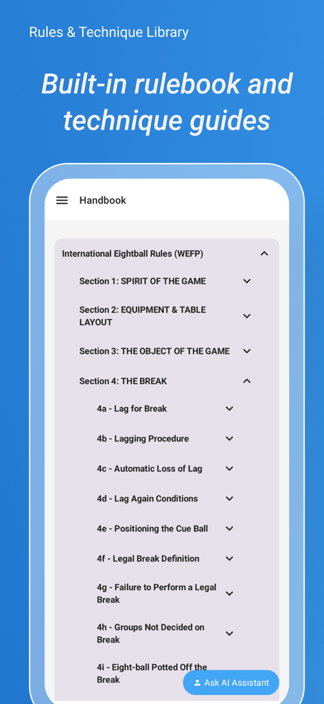 Pool & Billiards Self-Trainer - 국제 8볼에 대한 자세한 섹션이 있는 규칙 및 기술 라이브러리를 보여주는 모바일 앱 인터페이스.