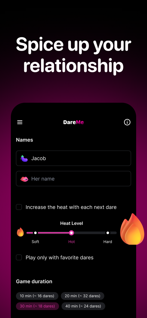 Interfaz de la aplicación DareMe mostrando la configuración del juego para parejas, incluyendo niveles de calor y duración