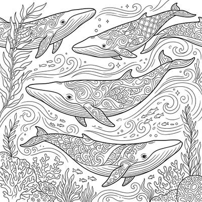 Immerse yourself in the calming beauty of the ocean with this Minke Whales coloring page, specifically designed for seniors. Enjoy clear, well-defined outlines and mature patterns, perfect for a relaxing and accessible creative session.