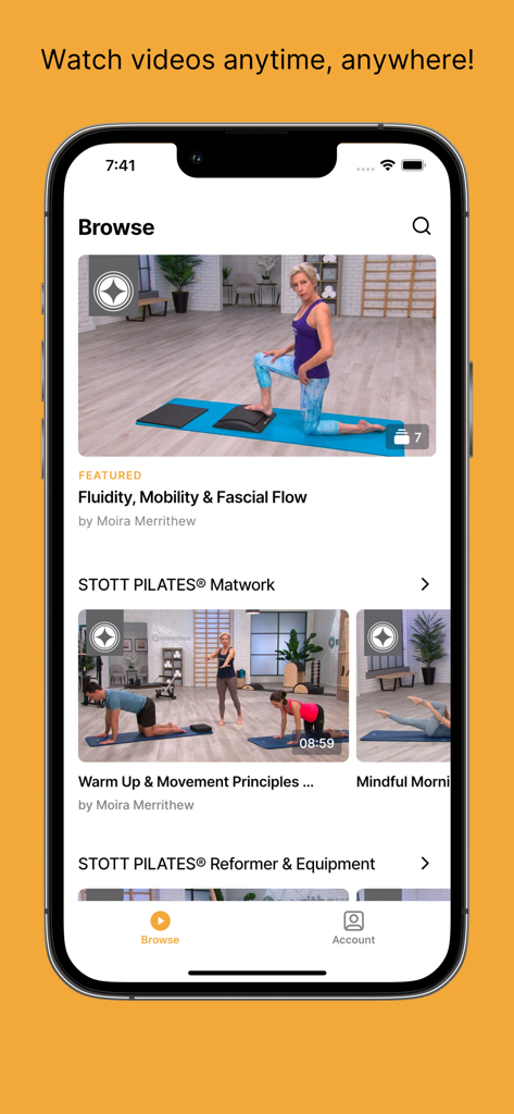 Merrithew Connect™ - Merrithew Connect app browse screen showing professional Pilates and mindful movement workout videos