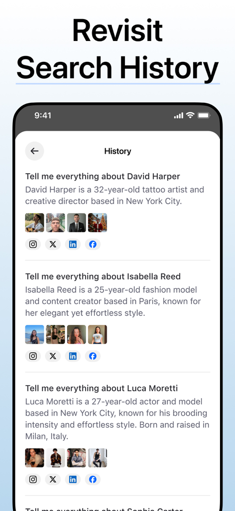 Interface of the Deepsearch AI app showing a list of previous people search results including biographies and social media icons