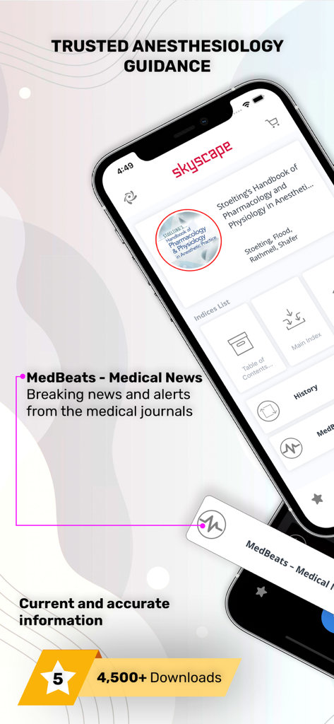 Stoelting Anesthetic Practice - Interface of the Stoelting Anesthetic Practice app showing medical guidance and MedBeats news alerts.