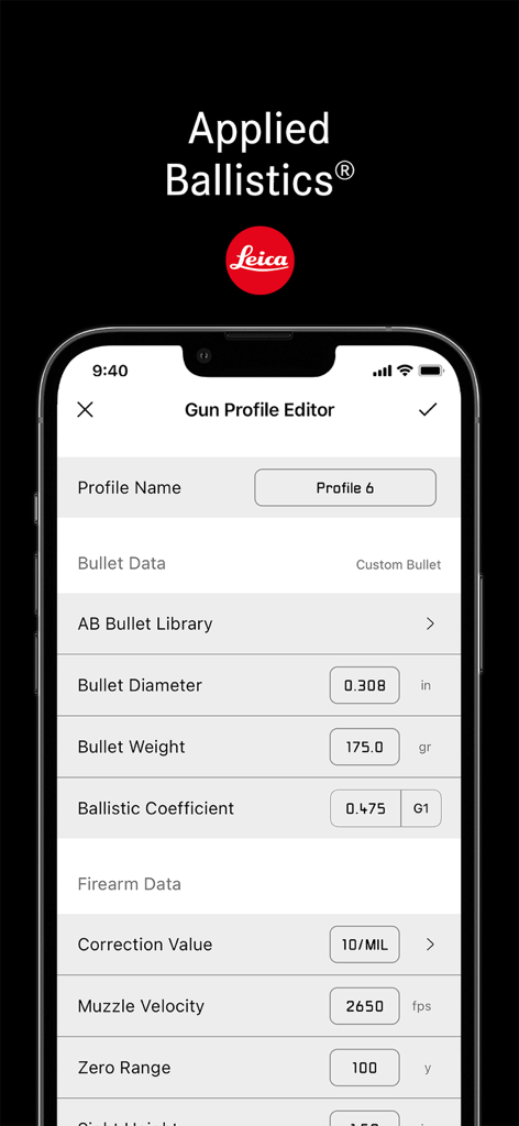 Leica Ballistics app screen showing the Gun Profile Editor with fields for bullet data and muzzle velocity