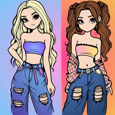 2 girls in crop tops and baggy jeans ripped